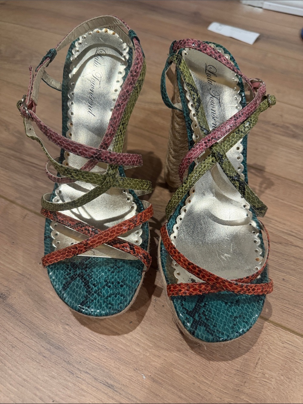 Lulu Townsend Teal, Coral, Olive & Blush Snake-Print Strappy Wedges